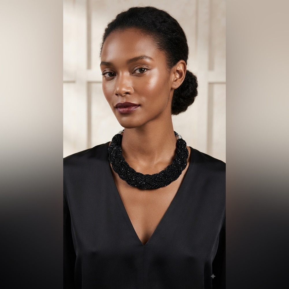 Black Braided Beaded Collar Necklace